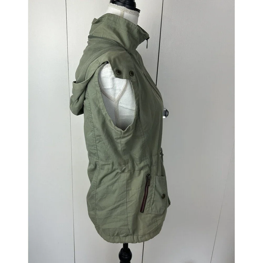 YMI Collection Removable Hood Full Zip pockets Cargo Vest Jacket Sz S Army Green